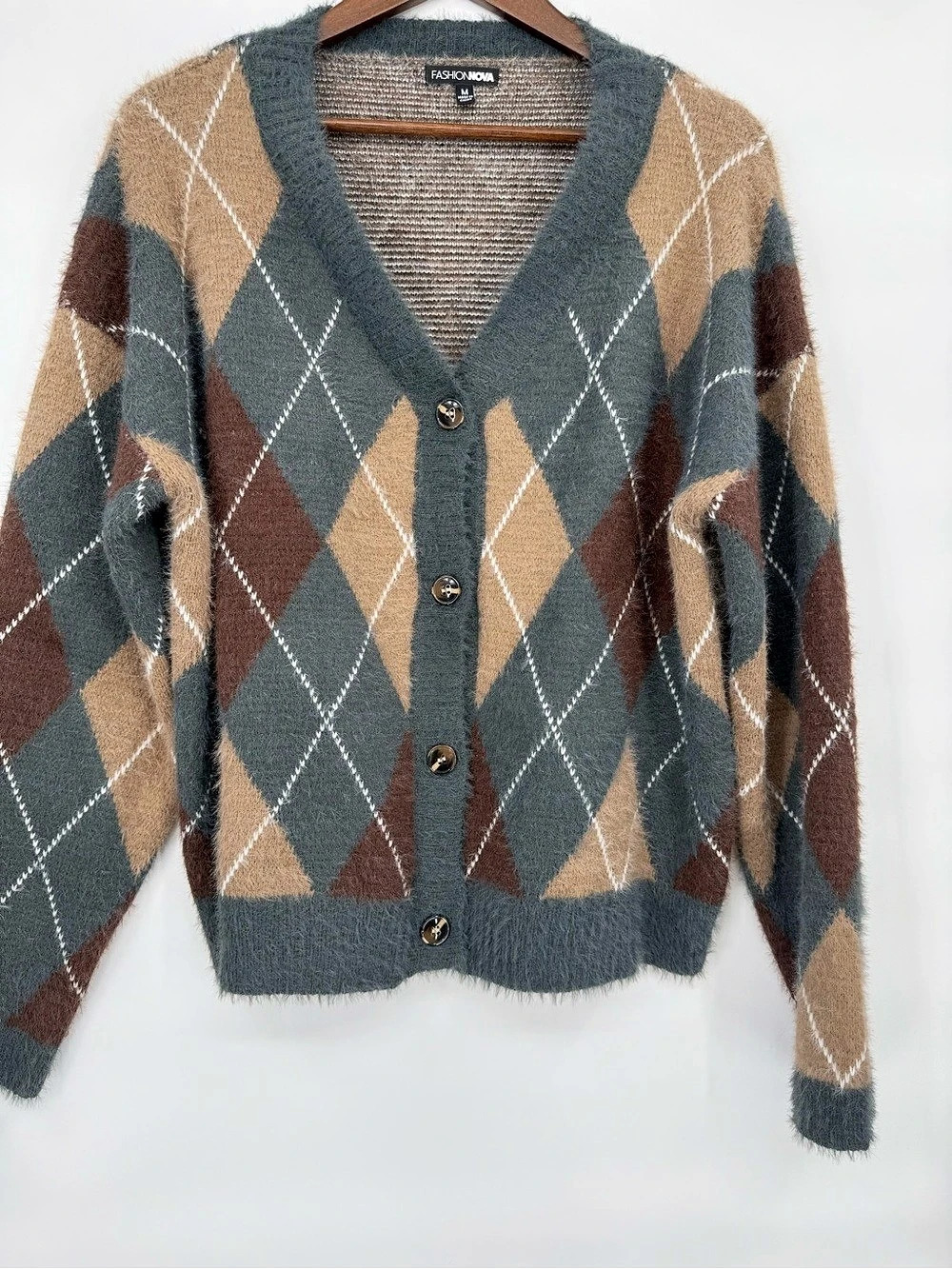 Fashion Nova Argyle Button-Front Cardigan in Brown & Gray Like New
